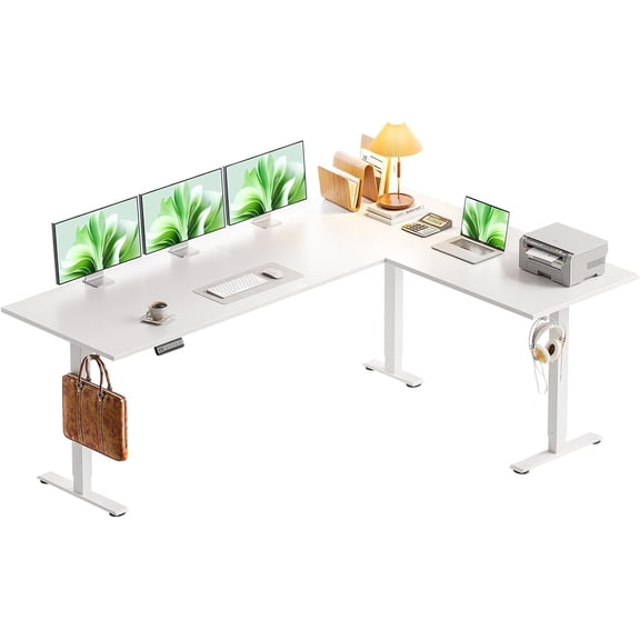 Casaottima 71 Inch Reversible Electric L Shaped Standing Desk, Height Adjustable Corner Stand up Desk, Ergonomic Large Lift Table for Home, Office, Workstation, Reception Room, White