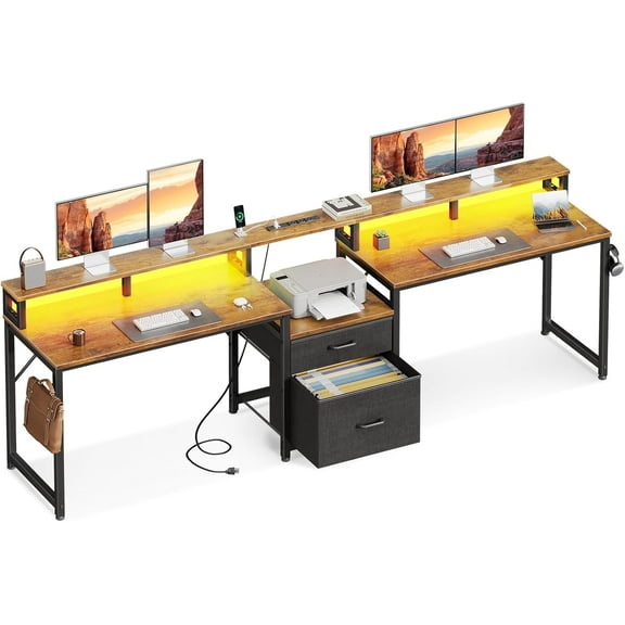 Casaottima 98" 2 Person Computer Desk with Fabric Drawer & File Cabinet, Two Person Long Writing Home Office Desk with Power Outlet & LED Light & Monitor Stand, Storage Shelves, Vintage