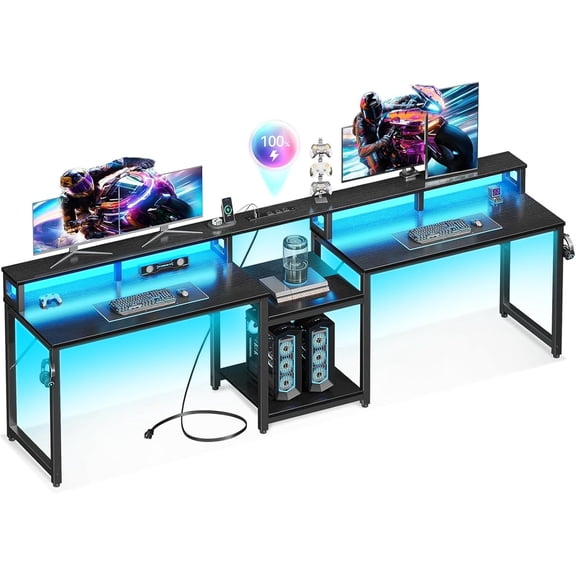 Casaottima 98 Inch 2 Person Gaming Desk with Storage Shelves, Long Double Home Office Computer Writing Desks with USB Charging Port & LED Lights, Monitor Stand, Modern Study/Work Table,Black