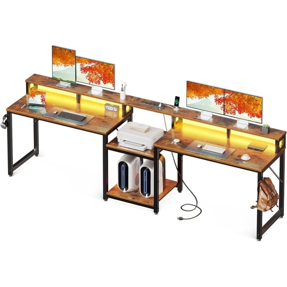 Casaottima 98 Inch 2 Person Gaming Desk with Storage Shelves, Long Double Home Office Computer Writing Desks with USB Charging Port & LED Lights, Monitor Stand, Modern Study/Work Table,Vintage