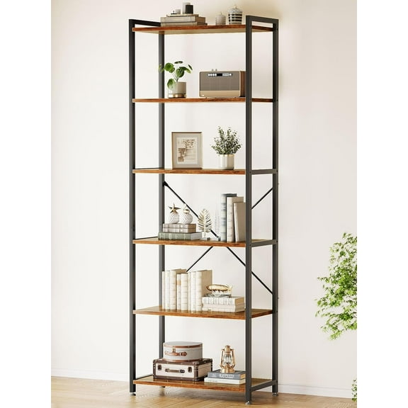 Casaottima Book Shelf, 6 Tier Tall Bookshelf, Modern Wood Bookcase Shelves for Bedroom, Industrial Display Shelf for Living Room Home Office Kitchen, Standing Shelving Unit Storage Organizer, Vintage