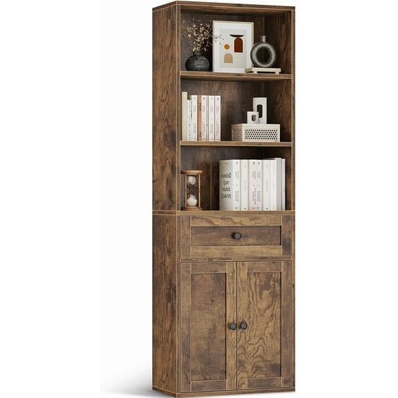 Casaottima Bookshelf and Bookcase with Doors and Drawer, Floor Standing 6-Tier Shelf Display Storage Shelves, Tall Bookcases for Home Office, Living Room, Vintage