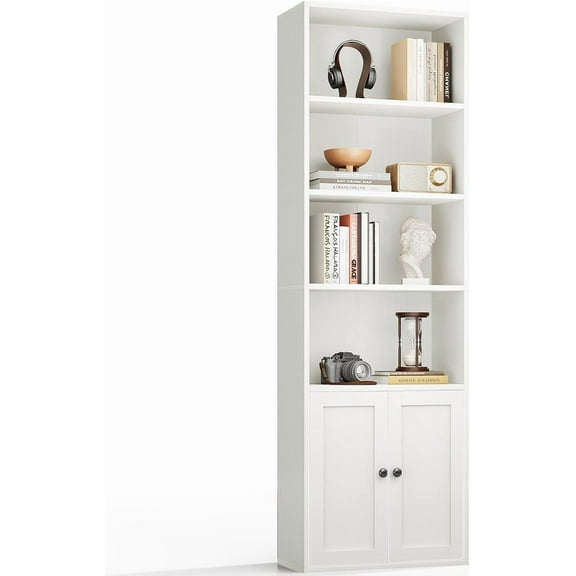 Casaottima Bookshelf and Bookcase with Doors, Floor Standing 6-Tier Shelf Display Storage Shelves, Tall Bookcases for Home Office, Living Room, White
