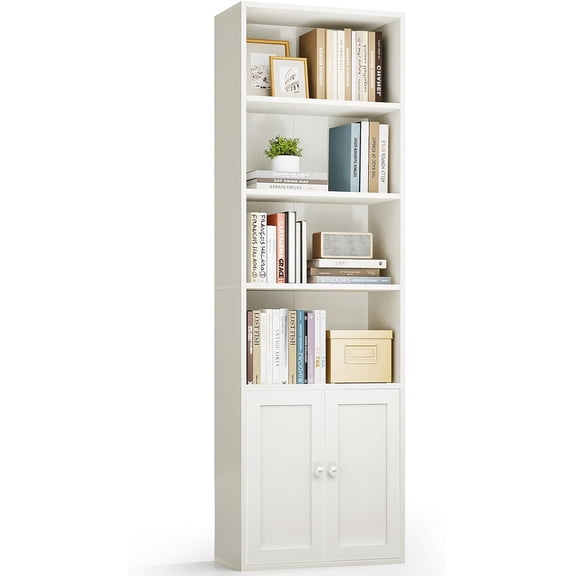 Casaottima Bookshelf and Bookcase with Doors, Floor Standing 6-Tier Shelf Display Storage Shelves, Tall Bookcases for Home Office, Living Room, White