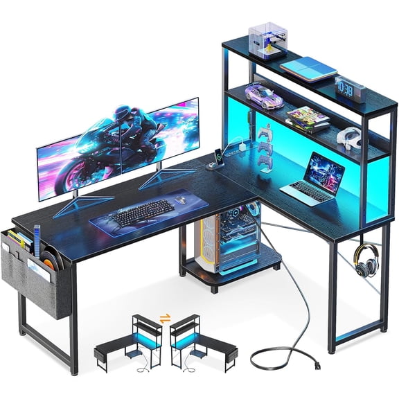 Casaottima Gaming Desk with Power Outlets & LED Lights, 53 Inch Reversible L Shaped Computer Desk with Shelves & Storage Bag, Corner Desk for Home Office, Black