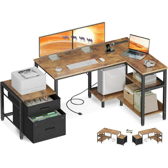 Casaottima L Shaped Desk with Drawers & File Cabinet, Reversible Computer Desk with Storage Shelves & CPU Stand, Corner Desk with Power Outlets, L Desk for Home Office, Rustic Brown,55 Inch41 14"