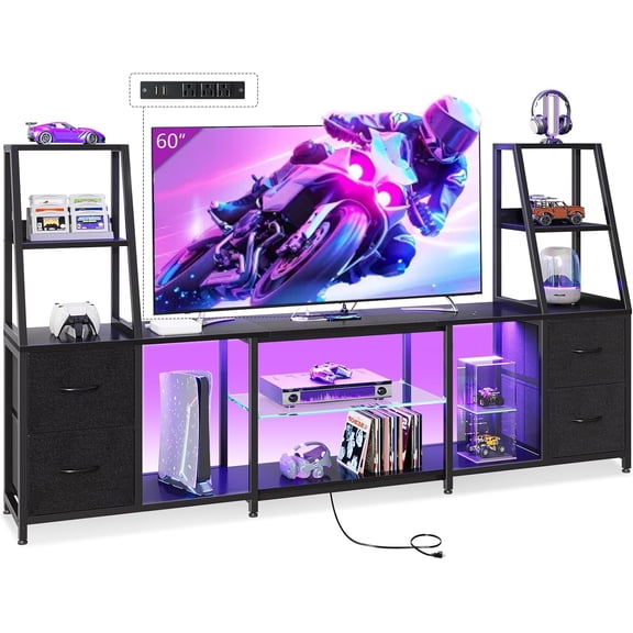 Casaottima TV Stand for 40-60 Inch TVs, Entertainment Center with LED Lights & Power Outlets, 4 Drawer Modern TV Media Console and Bookshelf TV Stand Combo for Living Room Bedroom, Black