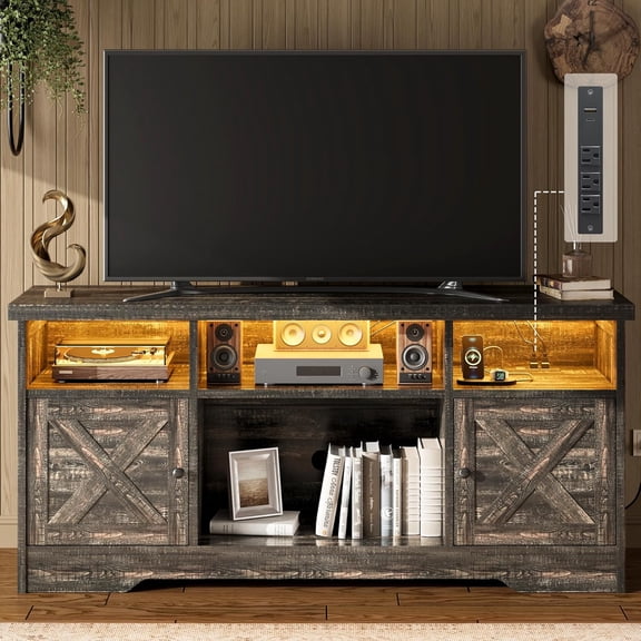 Casaottima TV Stand for 65 Inch TV, Farmhouse Entertainment Center with Power Outlet & LED Light and Storage Cabinets, Console Table and Media Furniture for Living Room Bedroom, Dark Oak