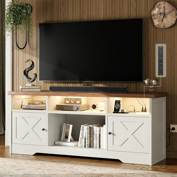 Casaottima TV Stand for 65 Inch TV, Farmhouse Entertainment Center with Power Outlet & LED Light and Storage Cabinets, Console Table and Media Furniture for Living Room Bedroom, White