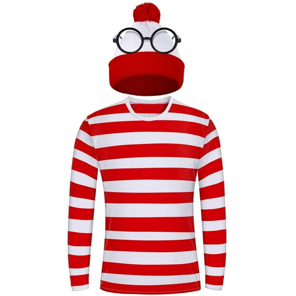 Casapre Red and White Striped Shirt Costume Long Sleeve Shirt Glasses and Hat Suit for Unisex Adults