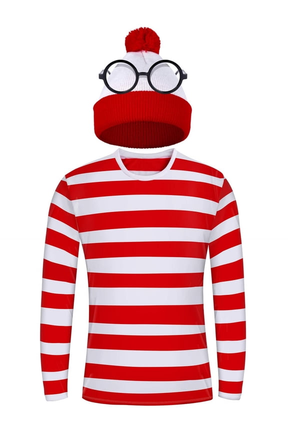 Red and White Striped Shirt Costume Long Sleeve Shirt Glasses and Hat Suit for Unisex Adults