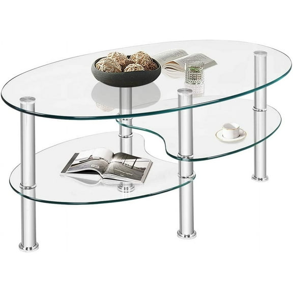 Glass Coffee Table End Table 2 Tire for Home &Office with Sturdy Chrome Plated Legs Tea Table (Clear)