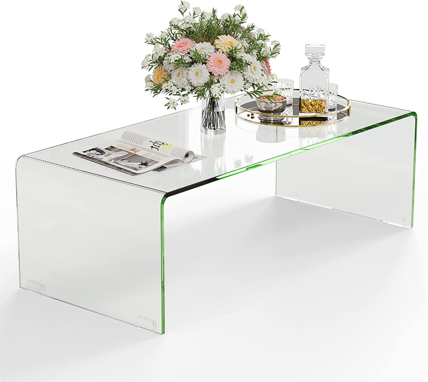 Casart Glass Coffee Table, U-Shape Tempered Glass Tea Table with Smooth