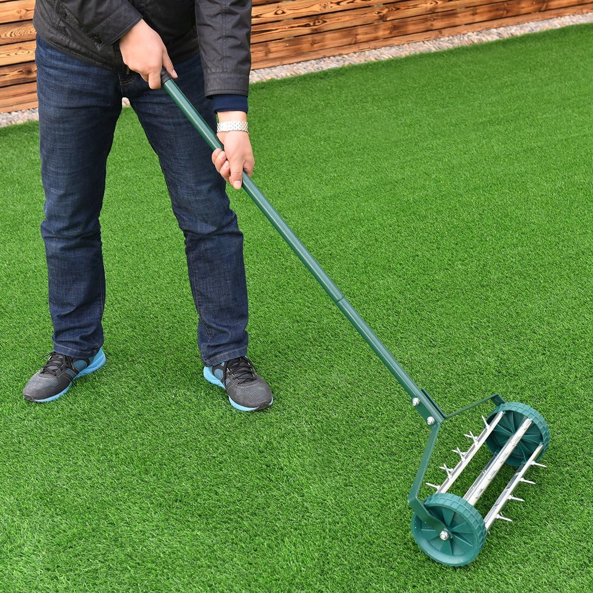 Casart Heavy Duty Rolling Lawn Aerator, 18inch Spike Soil Aeration with a Handle, Great for
