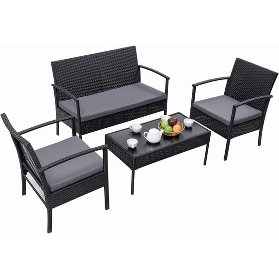 Casart Set of 4 Modern Wicker Rattan Conversation Set, Outdoor Patio Furniture Set for Yard, Garden and Poolside