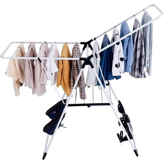 Casart Sturdy Steel Clothes Drying Rack, Space-Saving Adjustable & Foldable Drying Rack with Shoe Holder & 2 Shelves