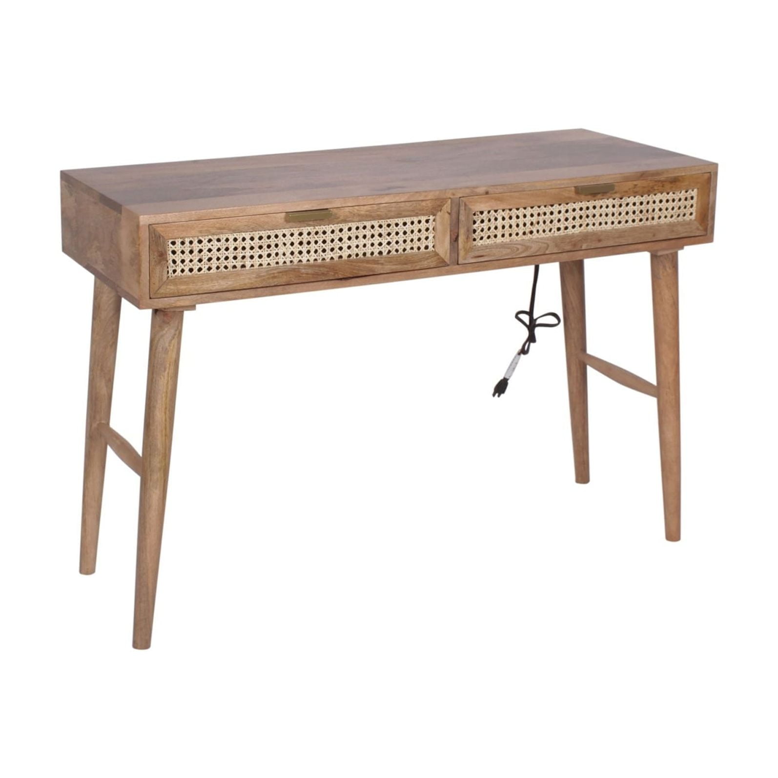 Natural Acacia Wood Desk with Cane Drawers and Built-in Power Outlet