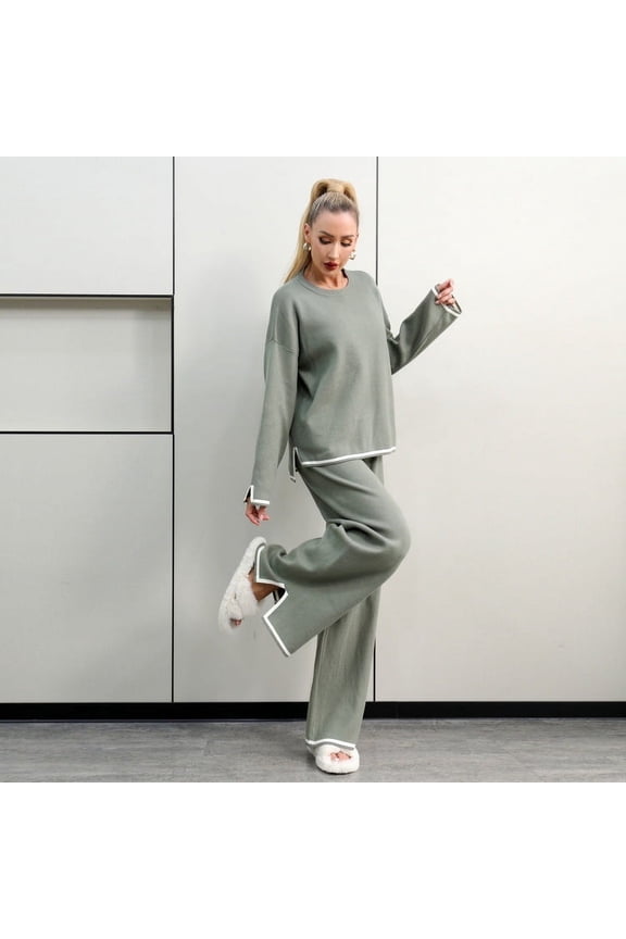 Casaul Sweater Sets Pullover Tops Wide Leg Pants (M, FrostyGreen)