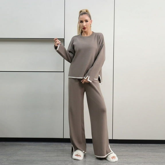 Casaul Sweater Sets Pullover Tops Wide Leg Pants (S, AbbeyStoneBeige)