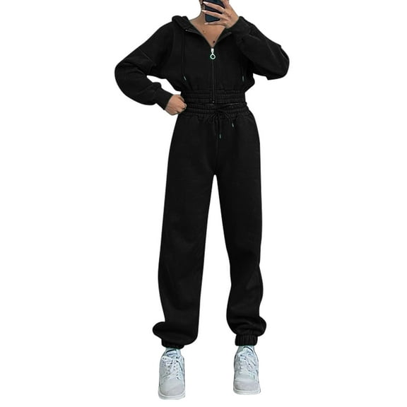 Casaul Warm Tracksuit Sets for Women Fashion 2 Piece Outfits Zip Up Drop Shoulder Crop Sweatshirt Thermal Hooded Top Jacket Drawstring Elastic Waist Thick Long Sweatpants Winter Cozy Trendy Tracksuit