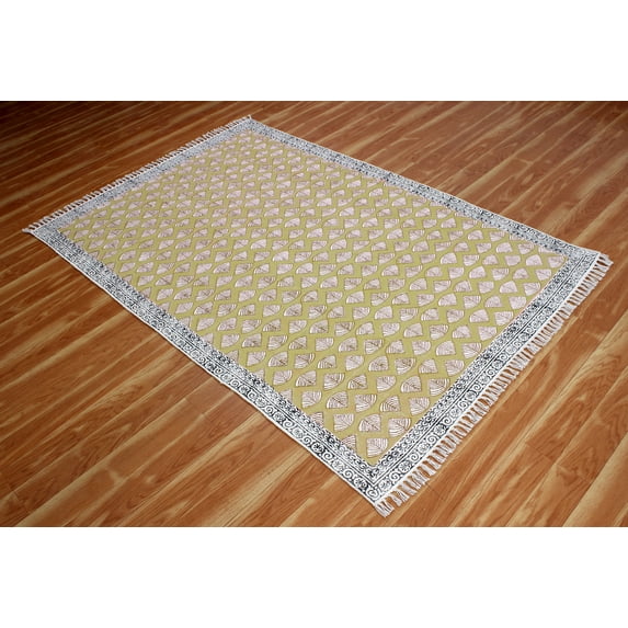 Casavani - 12'x12' Handblock Printed Yellow Cotton Dhurrie Square Area Rugs for Bedroom & Dining Room