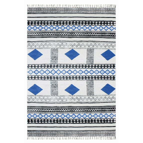 Casavani - 12'x18' Handblock Printed Blue Cotton Dhurrie Moroccan Area Rugs for Bedroom & Dining Room