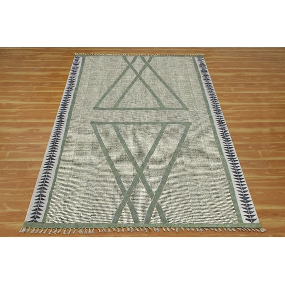 Casavani - 2'6"x4' Green Handblock Printed Cotton Dhurrie Runner Area Rugs for Hallway