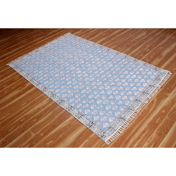 Casavani - 2'x3' Area Rugs for Kitchen and Study Room Handblock Printed Blue Cotton Dhurrie