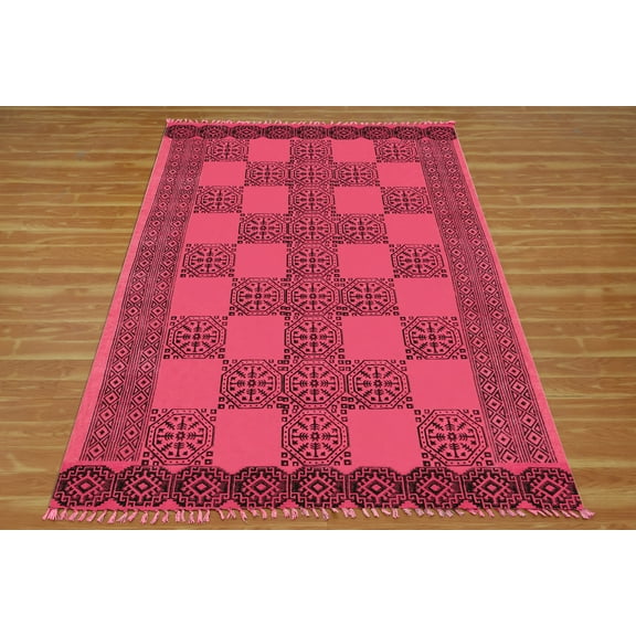 Casavani - 2'x3' Red Cotton Area Rug Handblock Printed Dhurrie Living Room Carpet