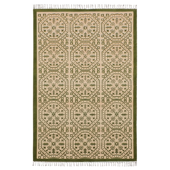 Casavani - 3'x10' Green Block Printed Cotton Runner Area Rugs for Farmhouse Hallway & Stairs