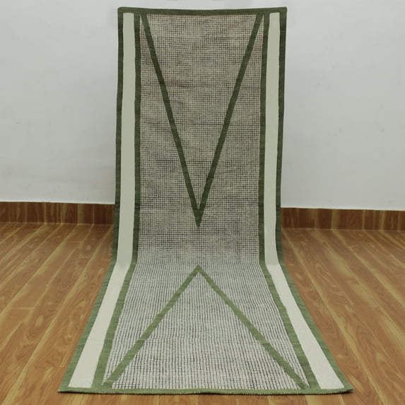Casavani - 4'x10' Handwoven Cotton Block Printed Rugs Green Cotton Area Runner Rugs for Hallway & Stairs