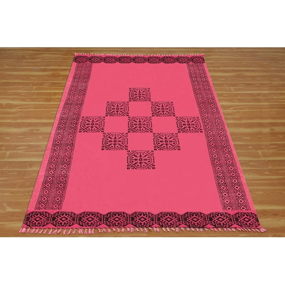 Casavani - 4'x20' Handblock Printed Red Cotton Dhurrie Geometric Runner Area Rugs for Hallway
