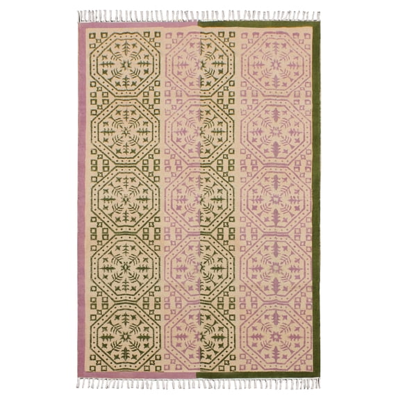 Casavani - 4'x4' Handblock Printed Green Cotton Dhurrie Square Area Rugs for Kitchen