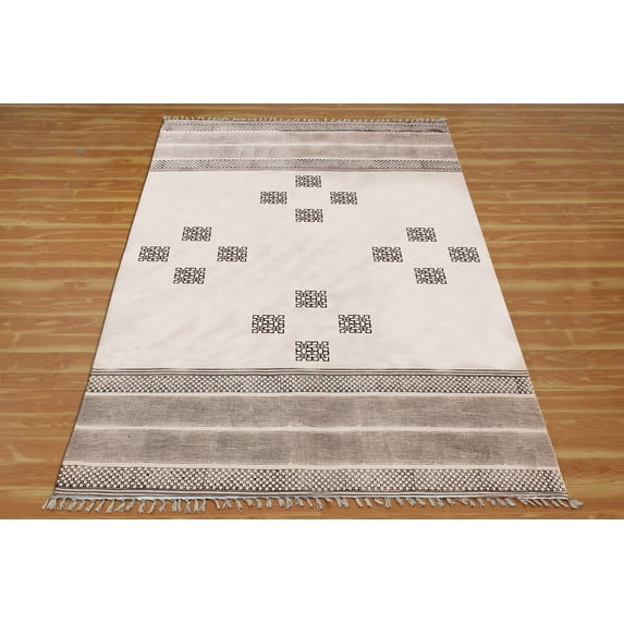 Casavani - 5'x5' Beige Block Printed Cotton Square Area Rugs for Living Room Outdoor Patio Rugs