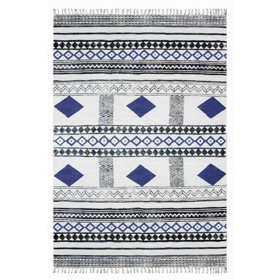 Casavani - 8'x11' Handblock Printed Blue Cotton Dhurrie Area Rugs for Bedroom & Dining Room