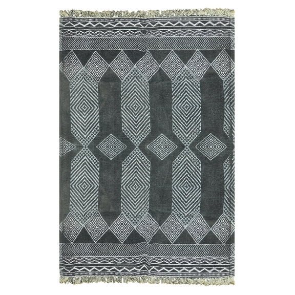 Casavani Black Cotton Block Printed Dhurrie Bohemian Bedroom Carpets Outdoor Rug 5x7 feet