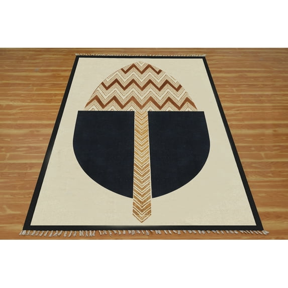 Casavani Block Printed Beige Cotton Dhurrie Living, Dining Room Carpets Outdoor Kilim 6x9 feet