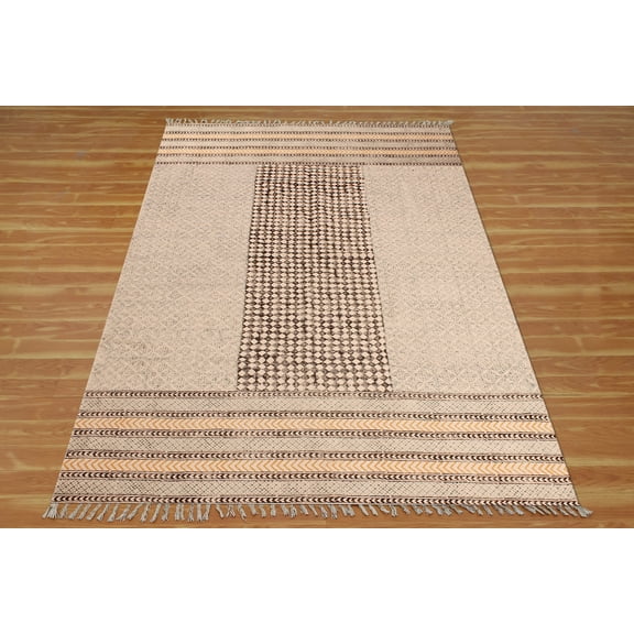 Casavani Block Printed Beige Rug For Living Room 6'x9' Geometric Cotton Area Rugs for Outdoor Patio