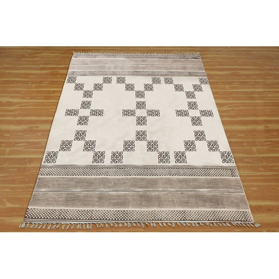 Casavani Block Printed Beige Rug For Living Room 8'x8' Cotton Square Area Rugs for Outdoor Patio