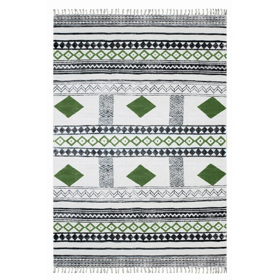 Casavani Block Printed Green Rug For Living Room 10'x14' Moroccan Cotton Area Rugs for Outdoor Patio