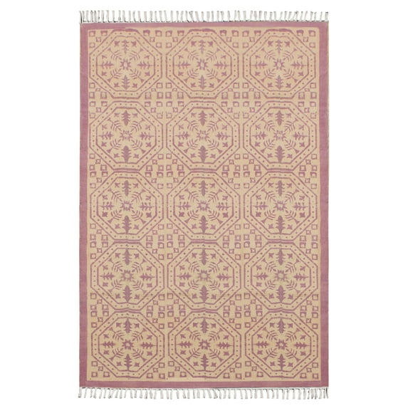 Casavani Block Printed Pink Rug For Living Room 5'x5' Cotton Square Area Rugs for Outdoor Patio
