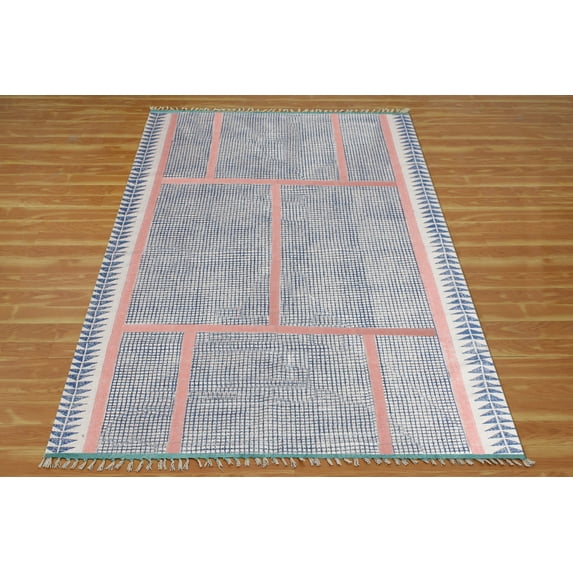 Casavani Cotton Hand Block Printed Blue Dhurrie Living, Dining Room Carpet Outdoor Patio Rug 9x12 feet