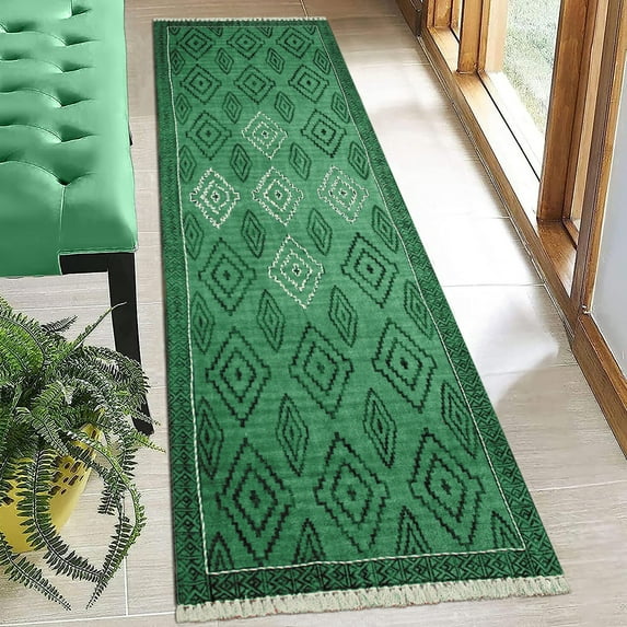 Casavani Cotton Handblock Printed Dhurrie Green Hallway Runner Area Rug Outdoor Rug 3x20 feet