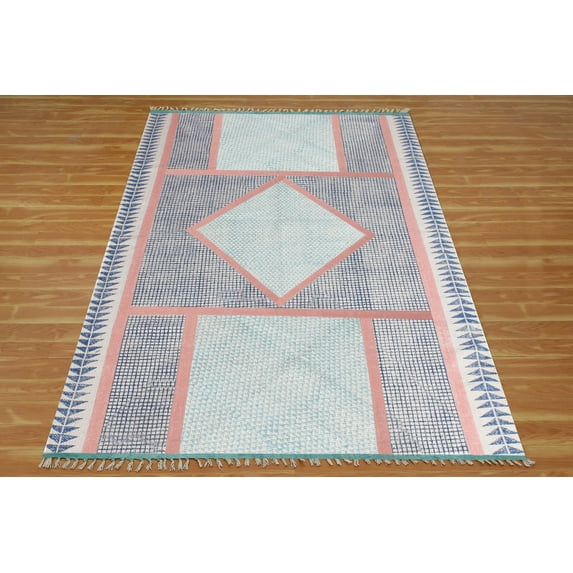 Casavani Cotton Handblock Printed Rug Blue Area Rug for Living Dining Bedroom 6x8 feet