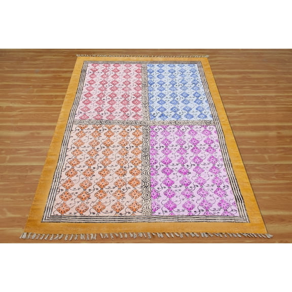 Casavani Cotton Handblock Printed Rug Yellow Area Rug for Entryway Kitchen Bathroom 2x3 feet