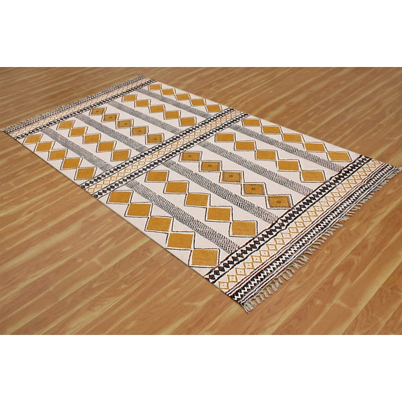 Casavani Cotton Handblock Printed Rug Yellow Area Rug for Entryway Kitchen Bathroom 2x3 feet