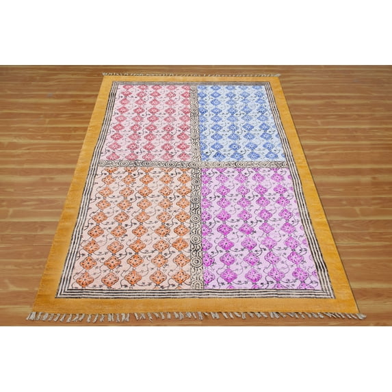 Casavani Cotton Handblock Printed Rug Yellow Area Rug for Entryway Kitchen Bathroom 4x7 feet
