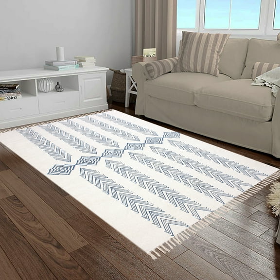 Casavani Geometric Flat Weave Bedroom Carpet, Blue 5x8 feet