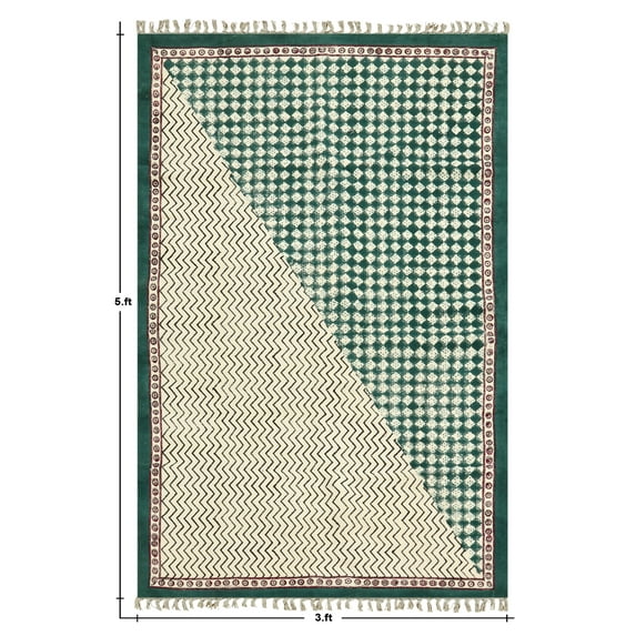 Casavani Green Block Printed Cotton Dhurrie Hallway & Stair Runner Rug Farmhouse Runner Rug 4x15 feet