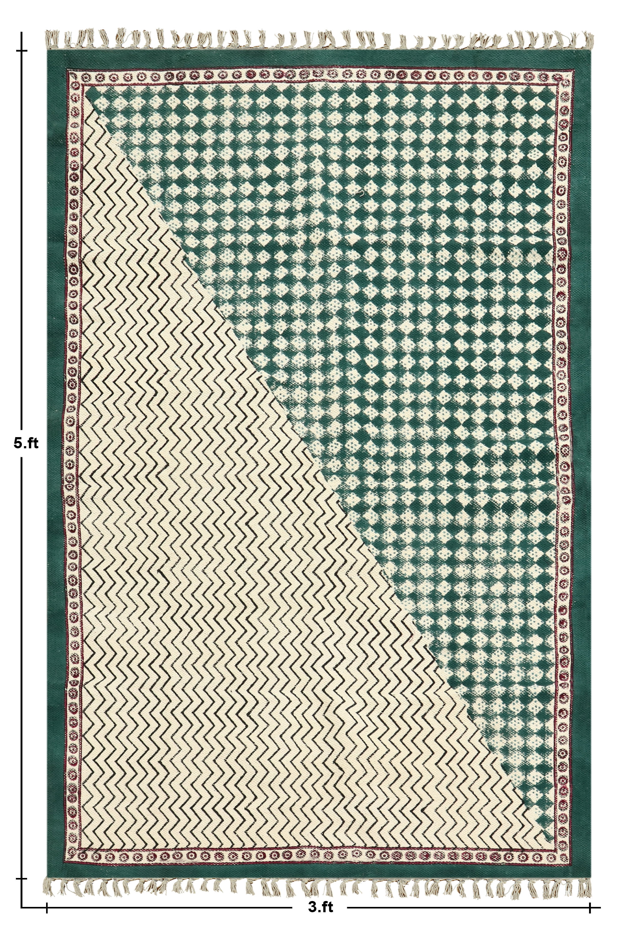 Casavani Green Block Printed Cotton Dhurrie Living Room Carpets Square